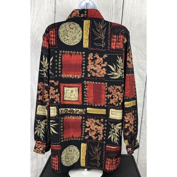 Periphery Womens Size 10 Long Sleeve Button Down Shirt Black Tan Red Floral - Picture 6 of 12